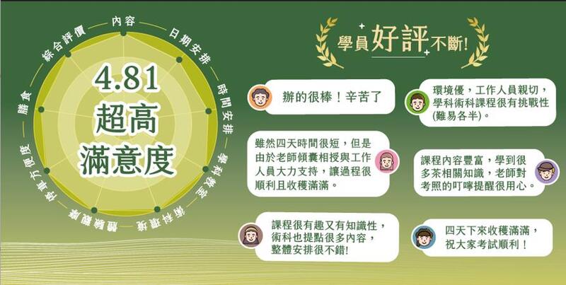 茶葉感官品評課程學員回饋與高滿意度評價，展現課程內容與教學品質獲得肯定。