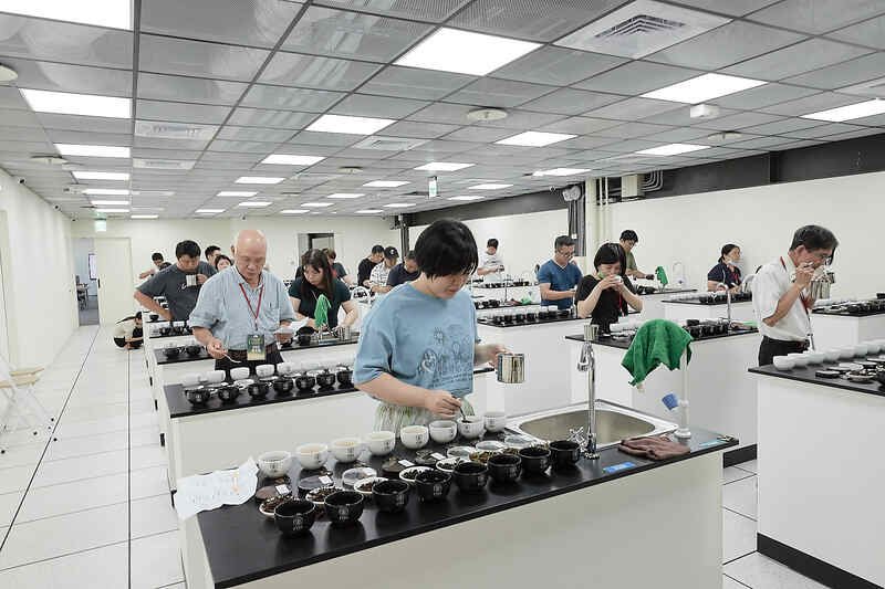 學員在茶葉感官品評教室中進行沖泡與嗅聞訓練，專注實作各式茶樣，呈現茶葉評鑑課程的專業訓練氛圍與學習情境。
