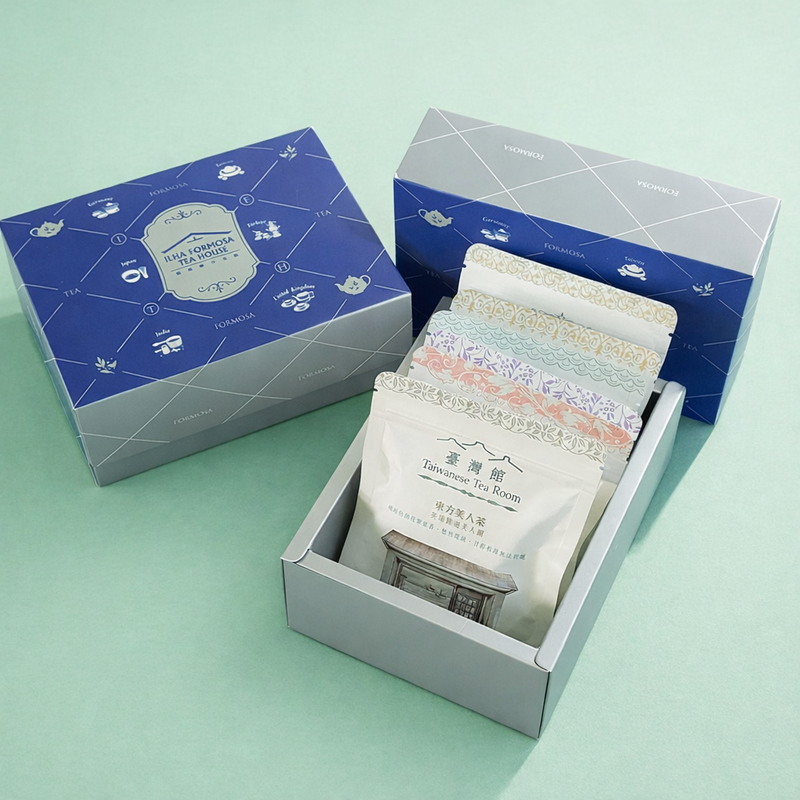 台灣客家茶文化館的六國茶室明信片茶包禮盒，是客茶館的著名熱門伴手禮。