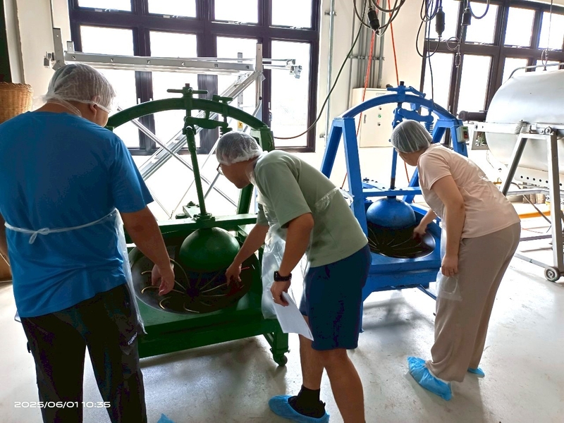 2025年臺灣客家茶文化館丙級製茶課程學員實作揉捻工序,於製茶工房中親手操作機具體驗臺灣茶葉製作過程。